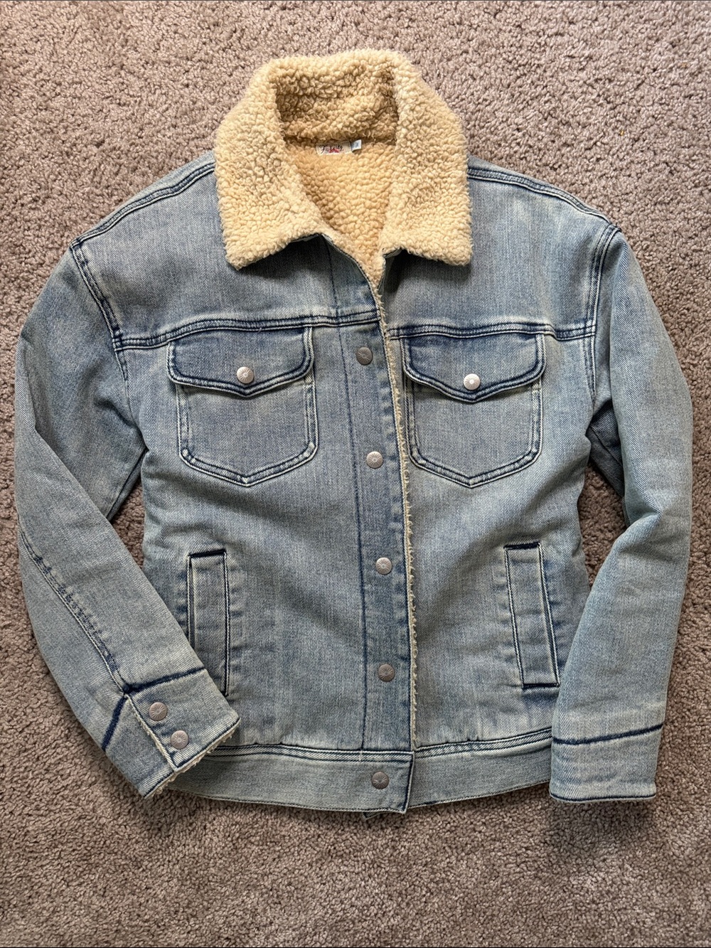 Faherty Light Blue Denim Jacket with Cream Sherpa Collar